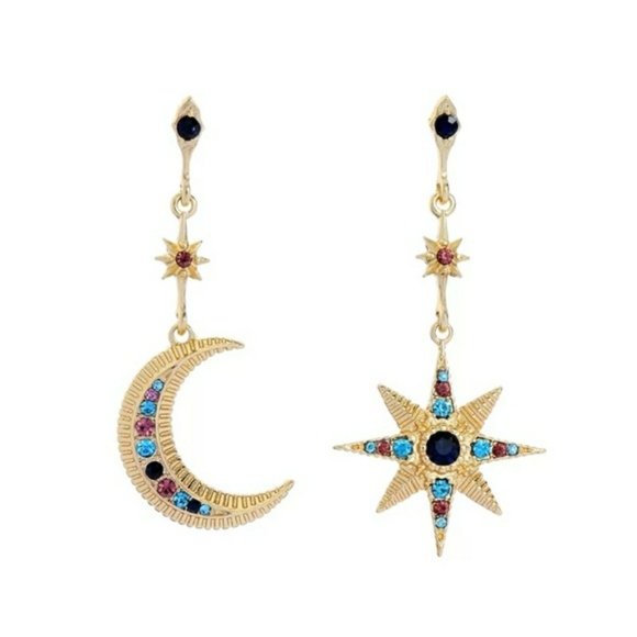 Jigdaliag Jewelry - Star Moon Crystal Vintage Gold Dangle Earrings